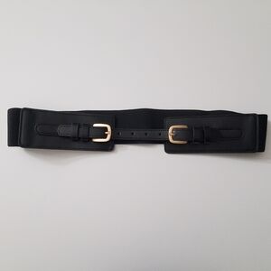 Vegan Faux Leather PU Black Belt Stretchy Back Yellow Gold Tone Buckle